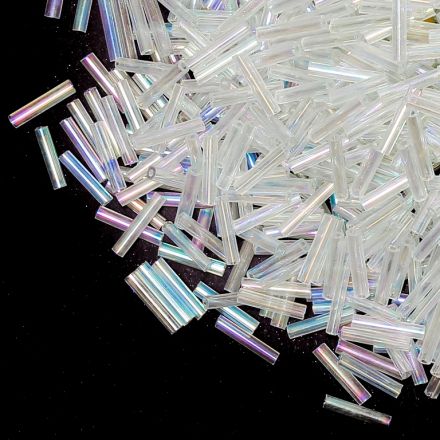 GLASS SEED BEADS - BUGLES 12x2mm - TRANSPARENT RAINBOW - WHITE 161 - 50g Hole-0.8mm