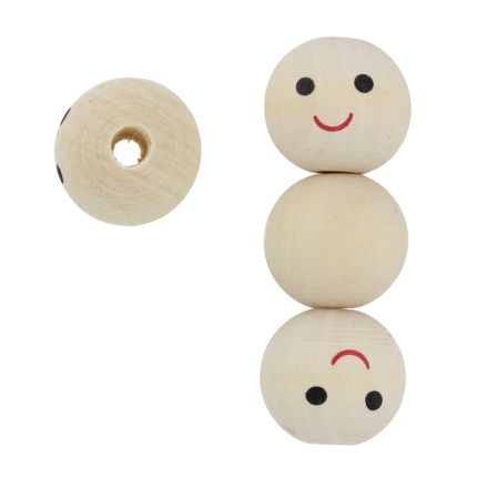 WOODEN BEADS - BALL WITH SMILEY FACE 08 - 24mm NATURAL - 5pcs. Hole-5.5mm
