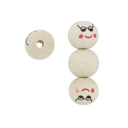 WOODEN BEADS - BALL WITH SMILEY FACE 09 - 20mm NATURAL - 10pcs. Hole-4.5mm