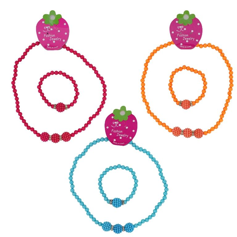 JEWELRY - SET - ELASTIC - PLASTIC PEARLS - RASPBERRY S76 - WHITE-NICKEL-MIX - PACKAGE (6 sets)