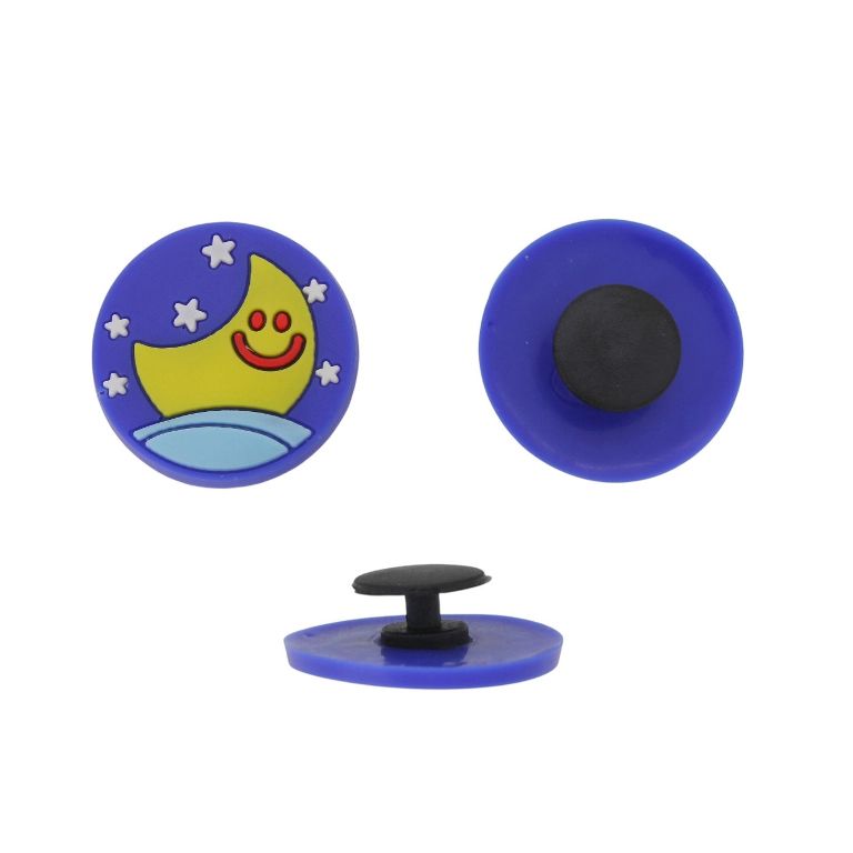 PLASTIC BEADS - RUBBER 3D - BUTTON - CIRCLE 02 WITH MOON - 24x3mm BLUE-YELLOW-BLUE (LIGHT) - PACKAGE 20pcs.