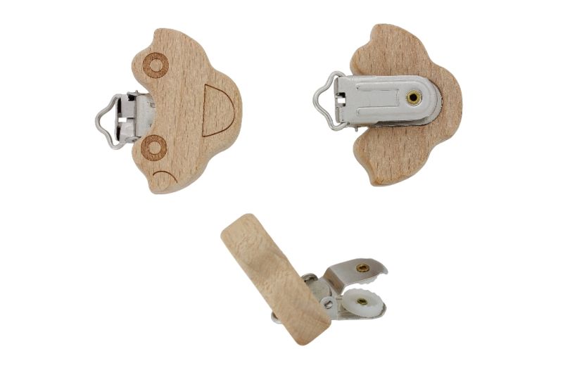 METAL ELEMENTS - ROUND SHAPE PACIFIER CLIPS - BEECH - CAR 01 - 45x30x10mm - NATURAL - 1pc.