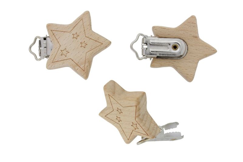 METAL ELEMENTS - ROUND SHAPE PACIFIER CLIPS - BEECH - STAR 02 - 43x40x10mm - NATURAL - 1pc.