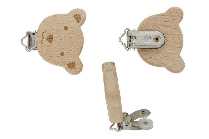METAL ELEMENTS - ROUND SHAPE PACIFIER CLIPS - BEECH - BEAR 02 - 50x35x10mm - NATURAL - 1pc.