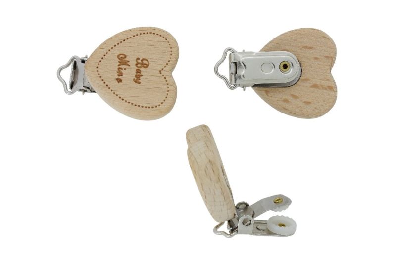 METAL ELEMENTS - ROUND SHAPE PACIFIER CLIPS - BEECH - HEART 02 - 36x35x10mm - NATURAL - PACKAGE 6pcs.