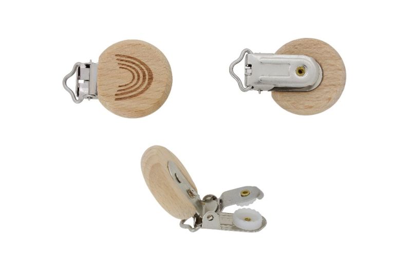 METAL ELEMENTS - ROUND SHAPE PACIFIER CLIPS - CIRCLE 30mm - BEECH - RAINBOW 01 - NATURAL - PACKAGE 10pcs.