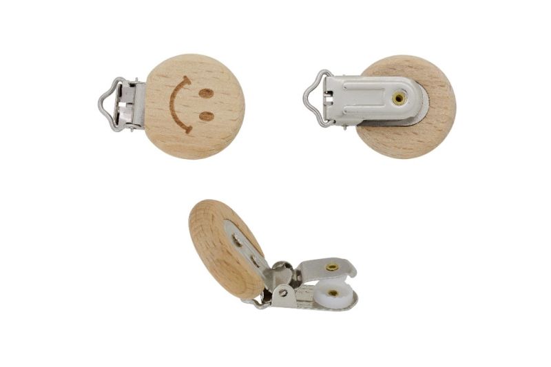 METAL ELEMENTS - ROUND SHAPE PACIFIER CLIPS - CIRCLE 30mm - BEECH - SMILE 01 - NATURAL - 1pc.