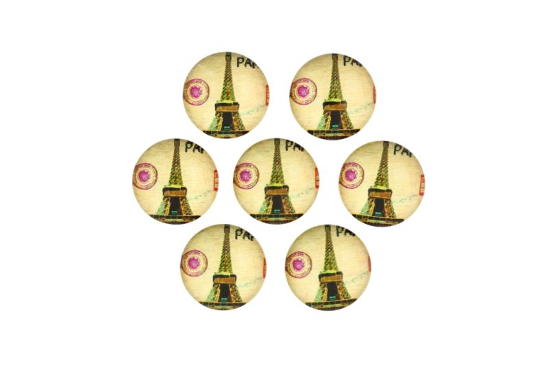 GLASS BEADS - CABOCHONS PATTERN - HALF ROUND 16mm - LANDMARKS - EIFFEL TOWER AND STAMP 01 - PACKAGE 25pcs.