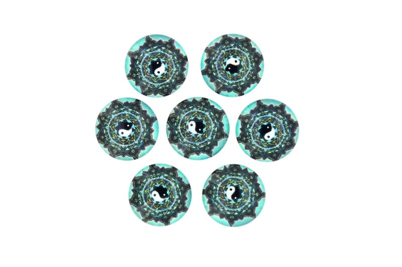 GLASS BEADS - CABOCHONS PATTERN - HALF ROUND 16mm - YIN AND YANG - BLUE - PACKAGE 25pcs.