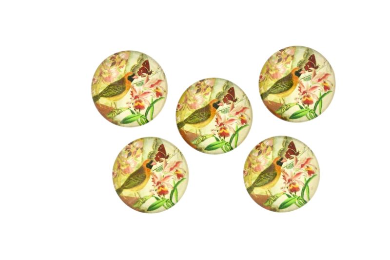 GLASS BEADS - CABOCHONS PATTERN - HALF ROUND 20mm - BIRD AND FLOWERS - PACKAGE 25pcs.