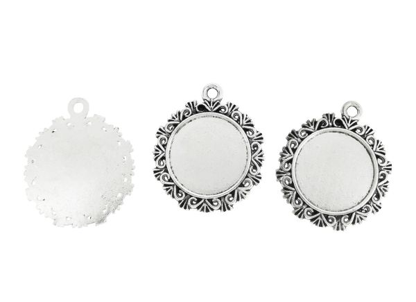 МЕТАЛНИ ЕЛЕМЕНТИ - ОСНОВА ЗА КАБОШОН - КРЪГ 20мм - ДАНТЕЛА ФОНТАН - НИКЕЛ - 5 бр. Отвор-3.0мм