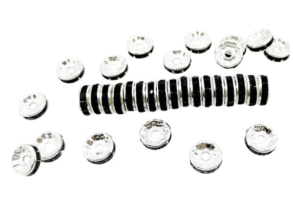 METAL ELEMENTS - RHINESTONE RONDELLE CRYSTAL ROUND LOOSE SPACER BEADS 01 - 10mm SILVER COLOR WITH BLACK - 500pcs. Hole-1.5mm