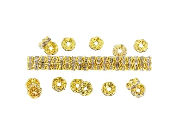 METAL ELEMENTS - RHINESTONE RONDELLE CRYSTAL ROUND LOOSE SPACER BEADS 02 - 7mm GOLD COLOR WITH WHITE - 1000pcs. Hole-1.8mm