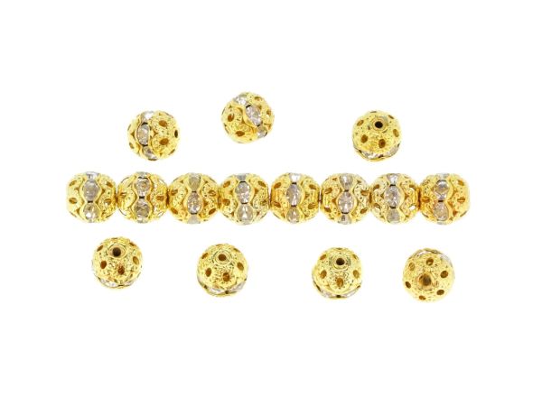 METAL ELEMENTS - RHINESTONE BALL BEAD CRYSTAL ROUND SPACER - 8mm GOLD COLOR WITH WHITE - 10pcs. Hole-1.2mm