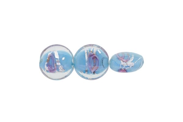 GLASS BEADS - MURANO STYLE - BONIBON WITH BLUE FILLING AND SPOTS 02 - 20х10mm BLUE (LIGHT)-PINK-SILVER - 60pcs. Hole:1.5mm