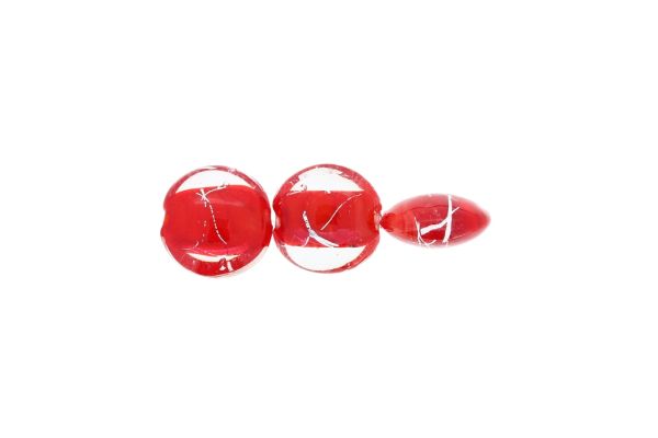 GLASS BEADS - MURANO STYLE - BONIBON WITH RED FILLING AND SILVER THREADS - 20х10mm WHITE-RED-SILVER - 60pcs. Hole:1.5mm