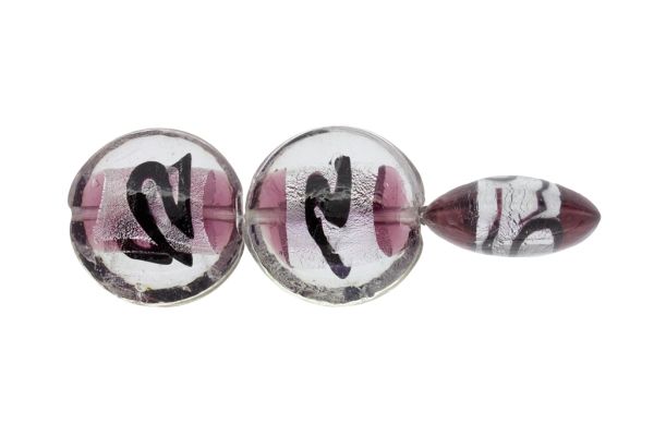 GLASS BEADS - MURANO STYLE - BONIBON WITH COLORFUL FILLING - 29х13mm WHITE-SILVER-ROSE DUST (DARK) - 30pcs. Hole:1.5mm