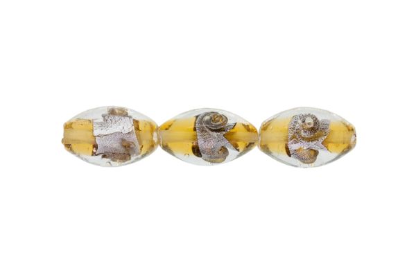 GLASS BEADS - MURANO STYLE - ELLIPSE WITH SILVER FILLING - SPIRAL - 24х16mm WHITE AND AMBER - 48pcs. Hole:1.5mm