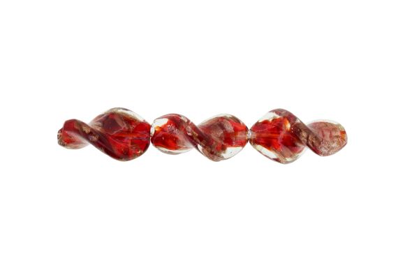 GLASS BEADS - MURANO STYLE - ELLIPSE WAVE WITH SPOTS - TRANSPARENT - 28х18mm WHITE-RED-COPPER - 60pcs. Hole:1.5mm