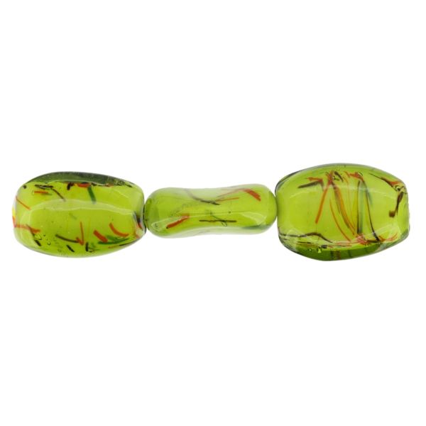 GLASS BEADS - MURANO STYLE - OVAL IRREGULAR WITH WHITE FILLING AND SPOTS - 30х23х12mm GREEN MILITARY AND COLORFUL - 30pcs. Hole:1.5mm