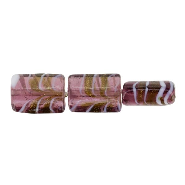 GLASS BEADS - MURANO STYLE - RECTANGULAR WITH STRIPES 02 - TRANSPARENT - 20х16х9mm CYCLAMEN (DARK)-WHITE-GOLD - 60pcs. Hole:1.5mm
