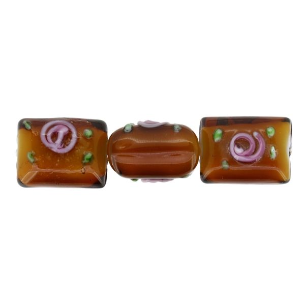 GLASS BEADS - MURANO STYLE - RECTANGULAR WITH WHITE FILLING AND COLORFUL RELIEF - 20х16х13mm BROWN-GREEN-PINK - 60pcs. Hole:1.5mm