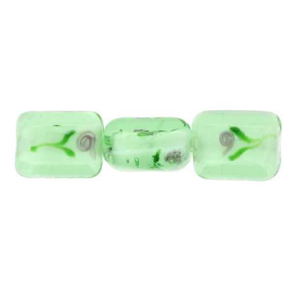 GLASS BEADS - MURANO STYLE - RECTANGULAR WITH WHITE FILLING AND FLOWERS - 20х16х11mm GREEN 02-GREEN-ROSE DUST - 60pcs. Hole:1.5mm