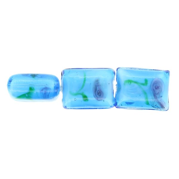 GLASS BEADS - MURANO STYLE - RECTANGULAR WITH WHITE FILLING AND FLOWERS - 20х16х11mm BLUE SKY (DARK)-GREEN-ROSE DUST - 60pcs. Hole:1.5mm