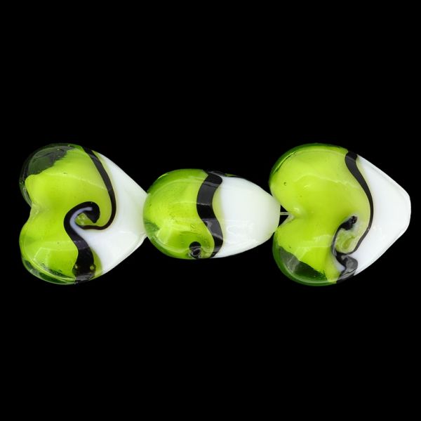 GLASS BEADS - MURANO STYLE - HEART 01 - OPAQUE WITH TRANSPARENT - 20х20х13mm WHITE-GREEN-BLACK - 60pcs. Hole:1.5mm