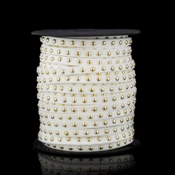 SUEDE CORD FAUX - GOLD STUDDED 1 LINE - 5mm WHITE 1125 - 18meters
