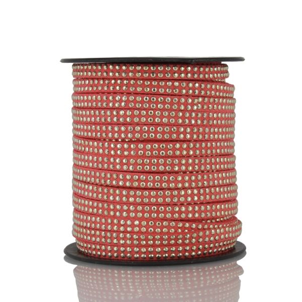 SUEDE CORD FAUX - GOLD STUDDED 2 LINES - 5mm CORAL ORANGE (DARK) 1144 - 18meters