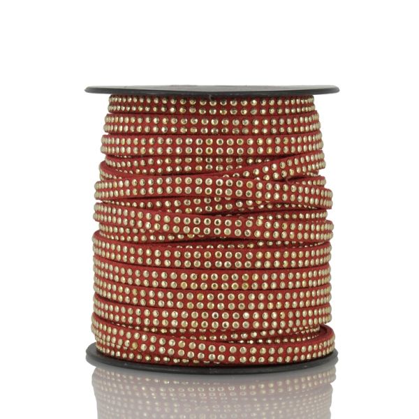 SUEDE CORD FAUX - GOLD STUDDED 2 LINES - 5mm RED 1049 - 18meters
