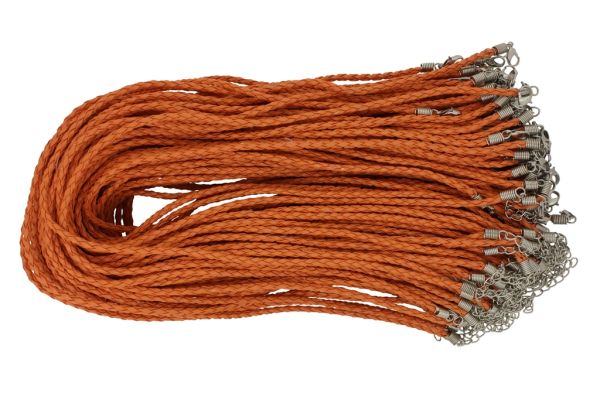 ВРЪЗКА СЪС ЗАКОПЧАЛКА - ПЛЕТЕНА КОЖА 3мм - КОЛИЕ - 45+5см ОРАНЖЕВО 10 - ПАКЕТ 100 бр.