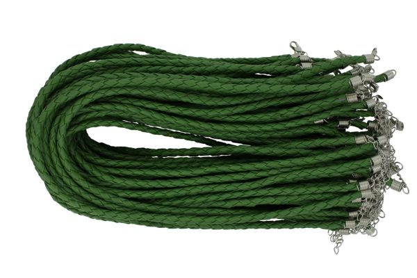 ВРЪЗКА СЪС ЗАКОПЧАЛКА - ПЛЕТЕНА КОЖА 5мм - КОЛИЕ - 45+5см ЗЕЛЕНО ВОЙНИШКО 36 - ПАКЕТ 50 бр.