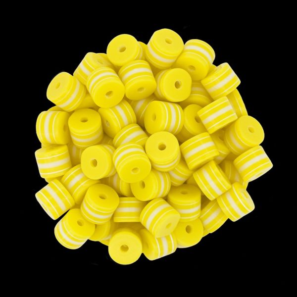 RESIN PLASTIC BEADS - CYLINDER RESIN STRIPE BEADS - 6x8mm YELLOW WITH WHITE STRIPE - 50pcs. Hole-2.0mm