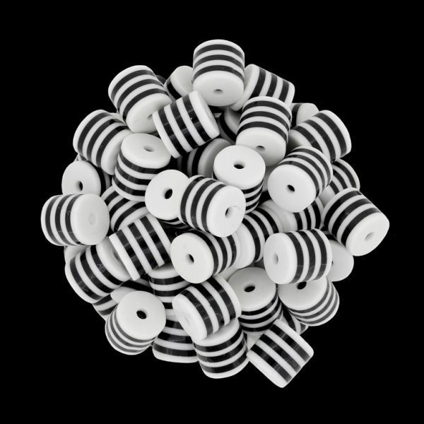 RESIN PLASTIC BEADS - CYLINDER RESIN STRIPE BEADS - 8x8mm WHITE WITH BLACK - 50pcs. Hole-2.0mm