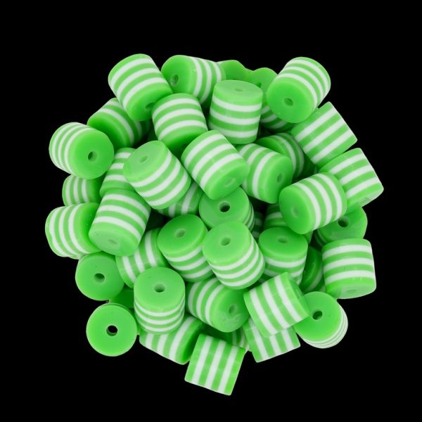 RESIN PLASTIC BEADS - CYLINDER RESIN STRIPE BEADS - 8x8mm GREEN 02 WITH WHITE - 50pcs. Hole-2.0mm