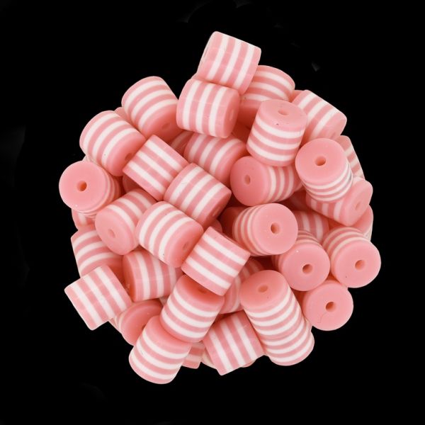 RESIN PLASTIC BEADS - CYLINDER RESIN STRIPE BEADS - 8x8mm PEACH WITH WHITE - 50pcs. Hole-2.0mm