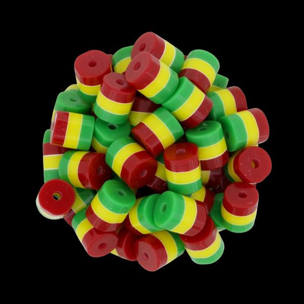 RESIN PLASTIC BEADS - CYLINDER RESIN STRIPE BEADS - 9x8mm BORDEAUX-YELLOW-GREEN (LIGHT) - 50pcs. Hole-2.0mm