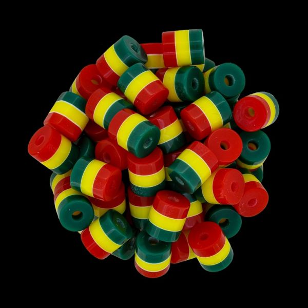 RESIN PLASTIC BEADS - CYLINDER RESIN STRIPE BEADS - 9x8mm RED-YELLOW-GREEN (DARK) - 50pcs. Hole-2.0mm