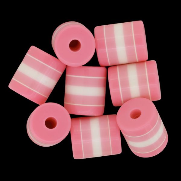 RESIN PLASTIC BEADS - CYLINDER RESIN STRIPE BEADS - 18x15mm PEACH WITH WHITE STRIPE - 5pcs. Hole-4.3mm