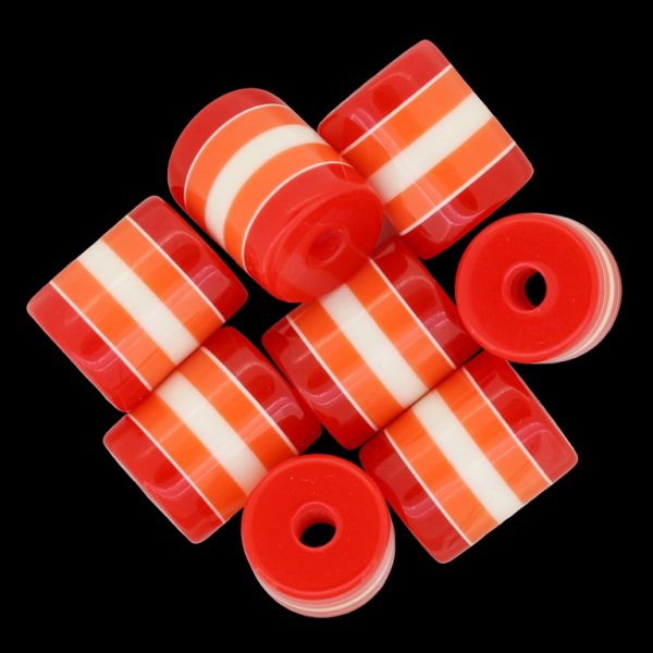 RESIN PLASTIC BEADS - CYLINDER RESIN STRIPE BEADS - 18x15mm RED WITH WHITE STRIPE - 5pcs. Hole-4.3mm