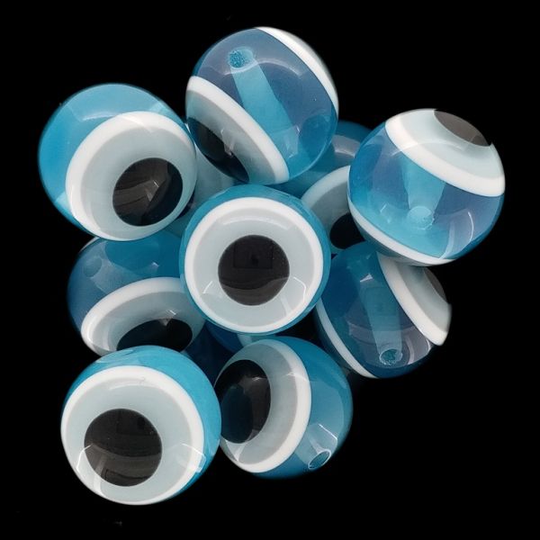 RESIN PLASTIC BEADS - BALL WITH EVIL EYE - 18mm BLUE (LIGHT) - PACKAGE 100pcs. Hole:2.8mm