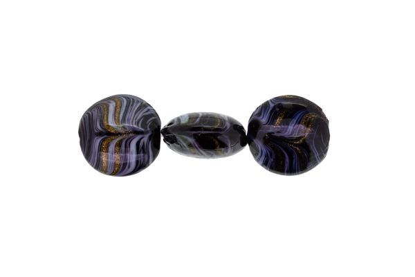 СТЪКЛЕНИ МЪНИСТА - ТИП МУРАНО - БОНИБОН С ИВИЦИ - ПЛЪТНИ - 20х10мм ЧЕРНО-СИВО СВ.-ЗЛАТИСТО - 20 бр. Отвор-1.5мм