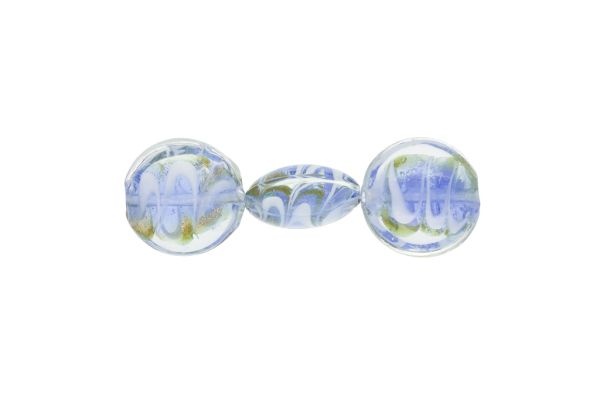 GLASS BEADS - MURANO STYLE - BONIBON WITH STRIPES 02 - TRANSPARENT - 20х10mm BLUE-WHITE-GOLD - 20pcs. Hole:1.5mm