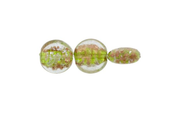GLASS BEADS - MURANO STYLE - BONIBON WITH COLORFUL FILLING - 20х10mm WHITE-GREEN-COPPER - 20pcs. Hole:1.5mm