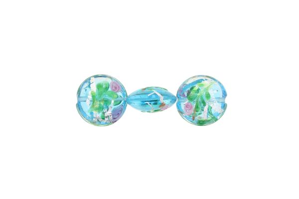 GLASS BEADS - MURANO STYLE - BONIBON WITH RELIEF FLOWERS - TRANSPARENT - 20х10mm WHITE-BLUE SKY (DARK)-GREEN-SILVER - 20pcs. Hole:1.5mm