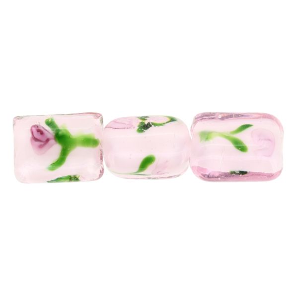 GLASS BEADS - MURANO STYLE - RECTANGULAR WITH WHITE FILLING AND FLOWERS - 20х16х11mm PINK (LIGHT)-GREEN-ROSE DUST - 15pcs. Hole:1.5mm