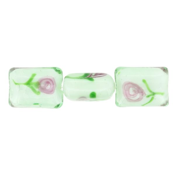 GLASS BEADS - MURANO STYLE - RECTANGULAR WITH WHITE FILLING AND FLOWERS - 20х16х11mm RESEDA-GREEN-ROSE DUST - 15pcs. Hole:1.5mm