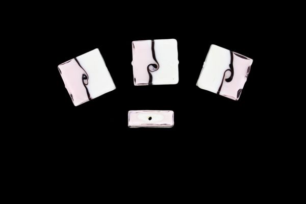 GLASS BEADS - MURANO STYLE - SQUARE - OPAQUE WITH TRANSPARENT - 20х20х7mm WHITE-PINK (LIGHT)-PURPLE (DARK) - 15pcs. Hole:1.5mm